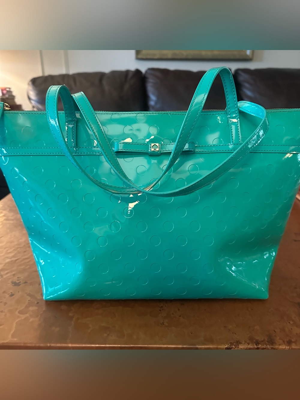 Kate Spade Large Teal Patent Tote Bag with Bow Accent